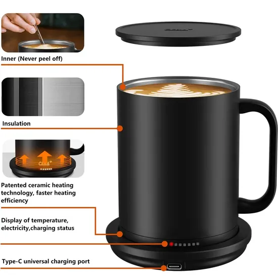 Temperature Control Smart Mug Business Fashion 14 Oz Black 1.5 Hour Battery Life Thermo Warmer Wireless Heated Coffee Cup